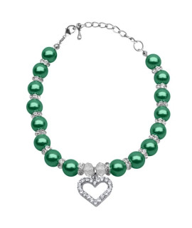 Heart and Pearl Dog Necklace - Emerald Green